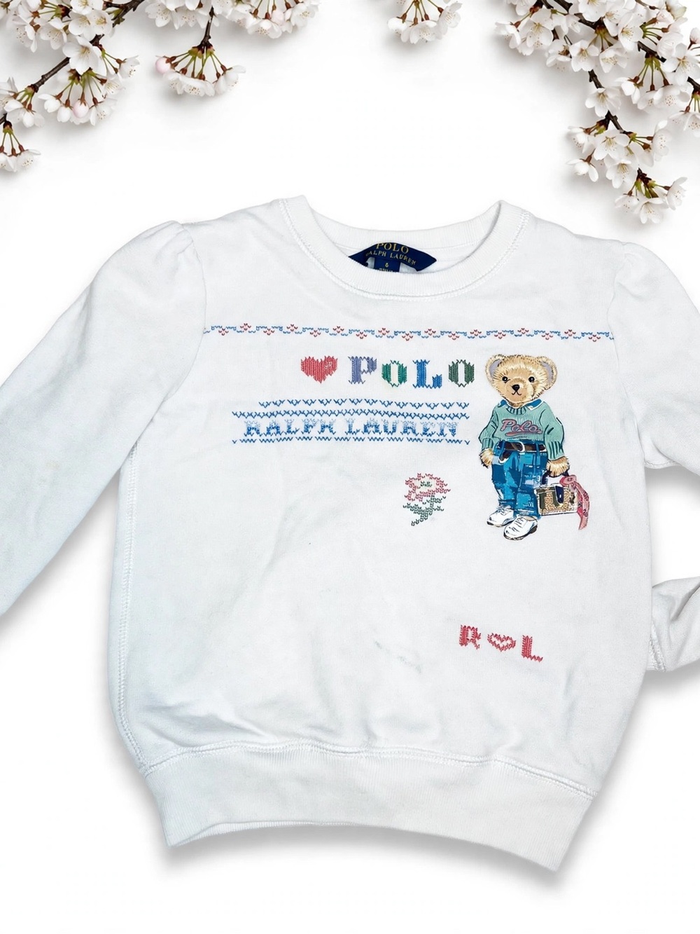 Ralph Lauren White Kids Crewneck Sweatshirt with Polo Bear Graphic